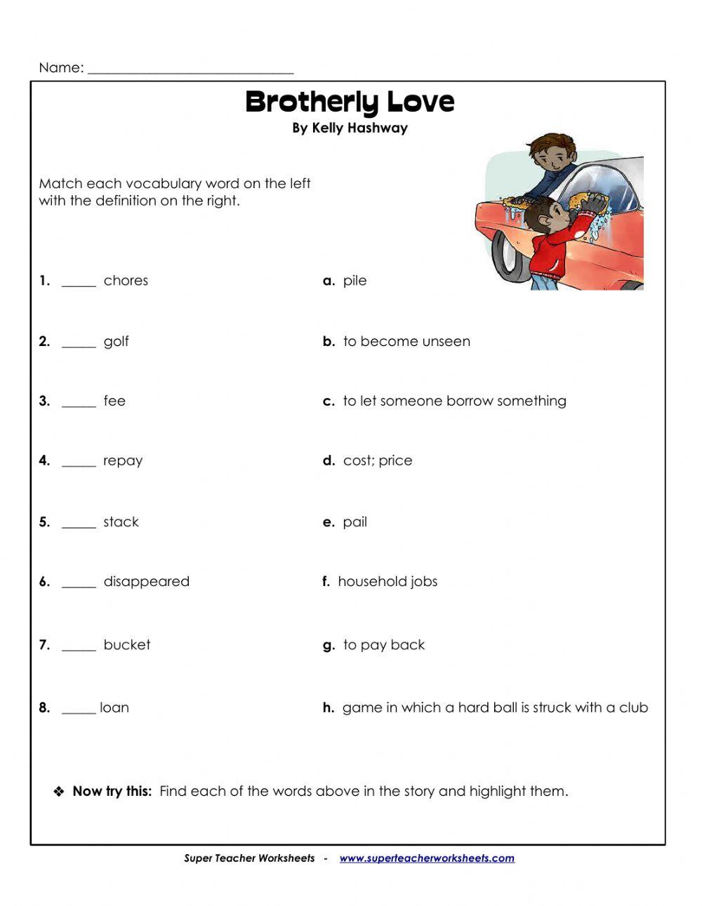 Super Teacher Brotherly Love Grade 3 Reading online exercise for