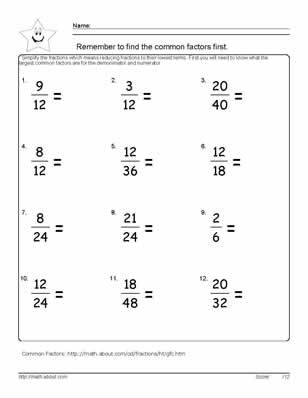 9 Worksheets on Simplifying Fractions for 6th Graders