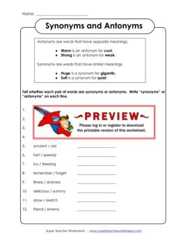 Synonyms and Antonyms - Super Teacher Worksheets