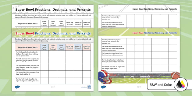 Sixth Grade Super Bowl Fraction, Decimal, and Percent Activity