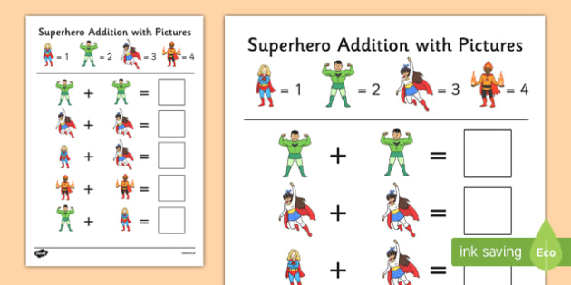 Superheroes Themed Addition with Pictures Worksheet / Worksheet Pack