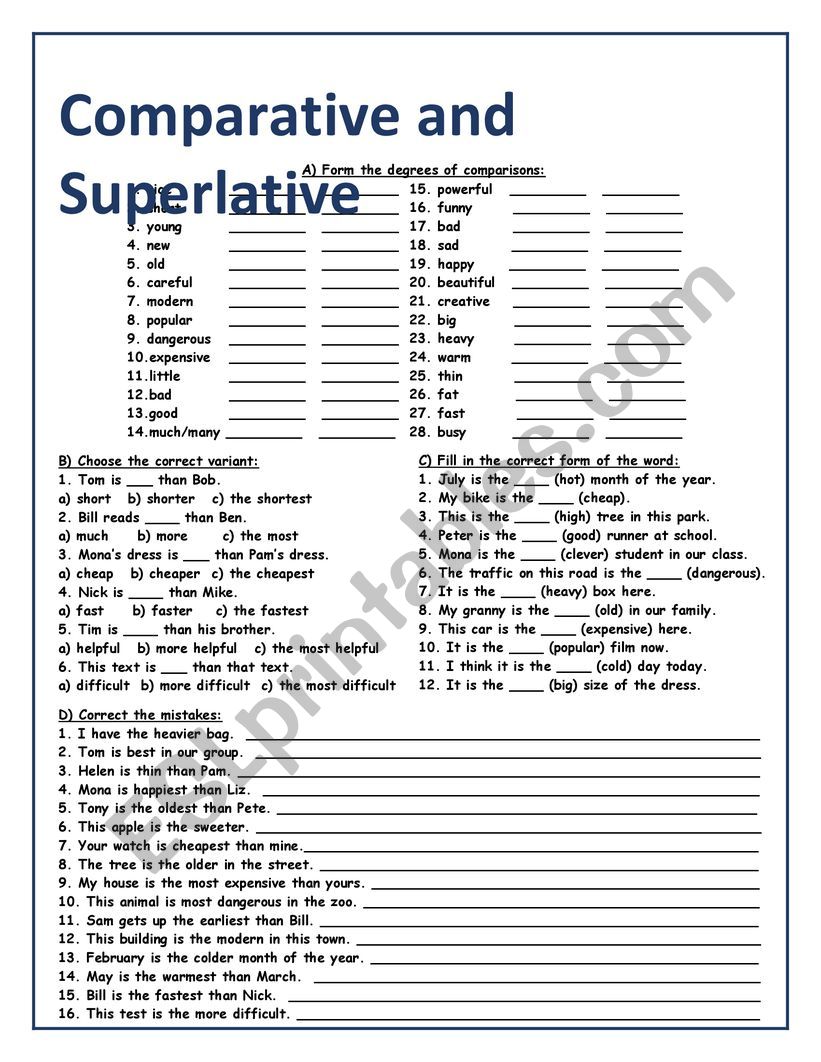 Comparative and Superlative Adjectives - ESL worksheet by marcela ...