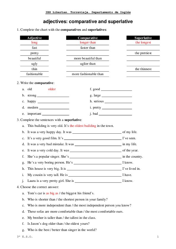 PDF) adjectives comparative and superlative exercises Claudia