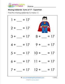 Missing Addend - Sums of 17 - First Grade Addition Worksheets