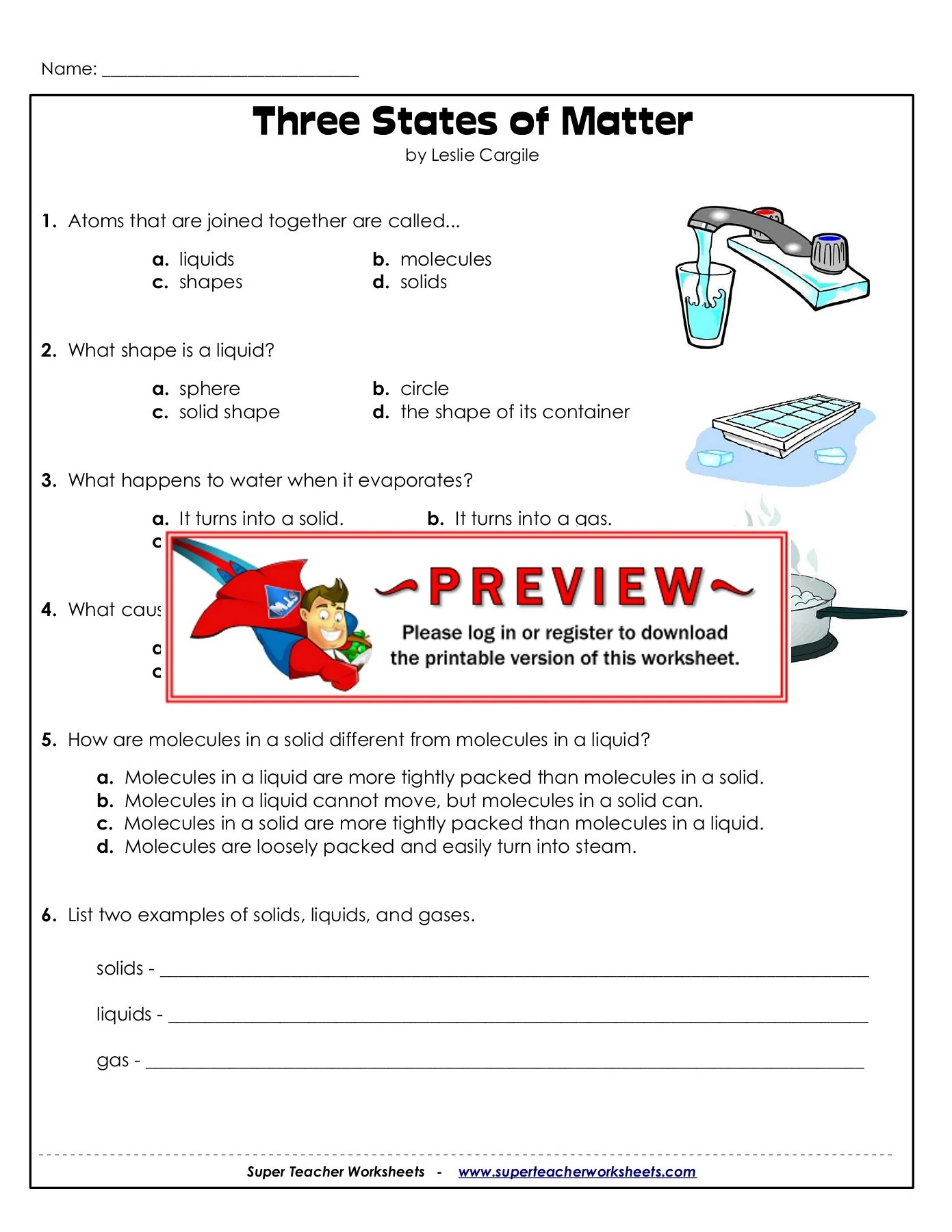 Name: Three States of Matter - Super Teacher Worksheets
