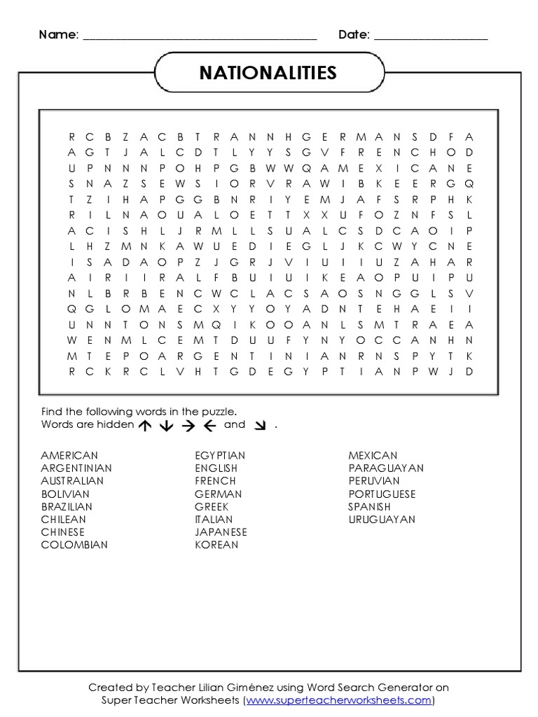 Super Teacher Worksheets NATIONALITIES | PDF | Word Search | Latin ...