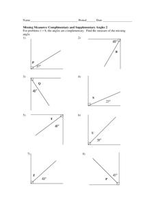 Complimentary and Supplementary Angles Worksheet for 9th Grade ...