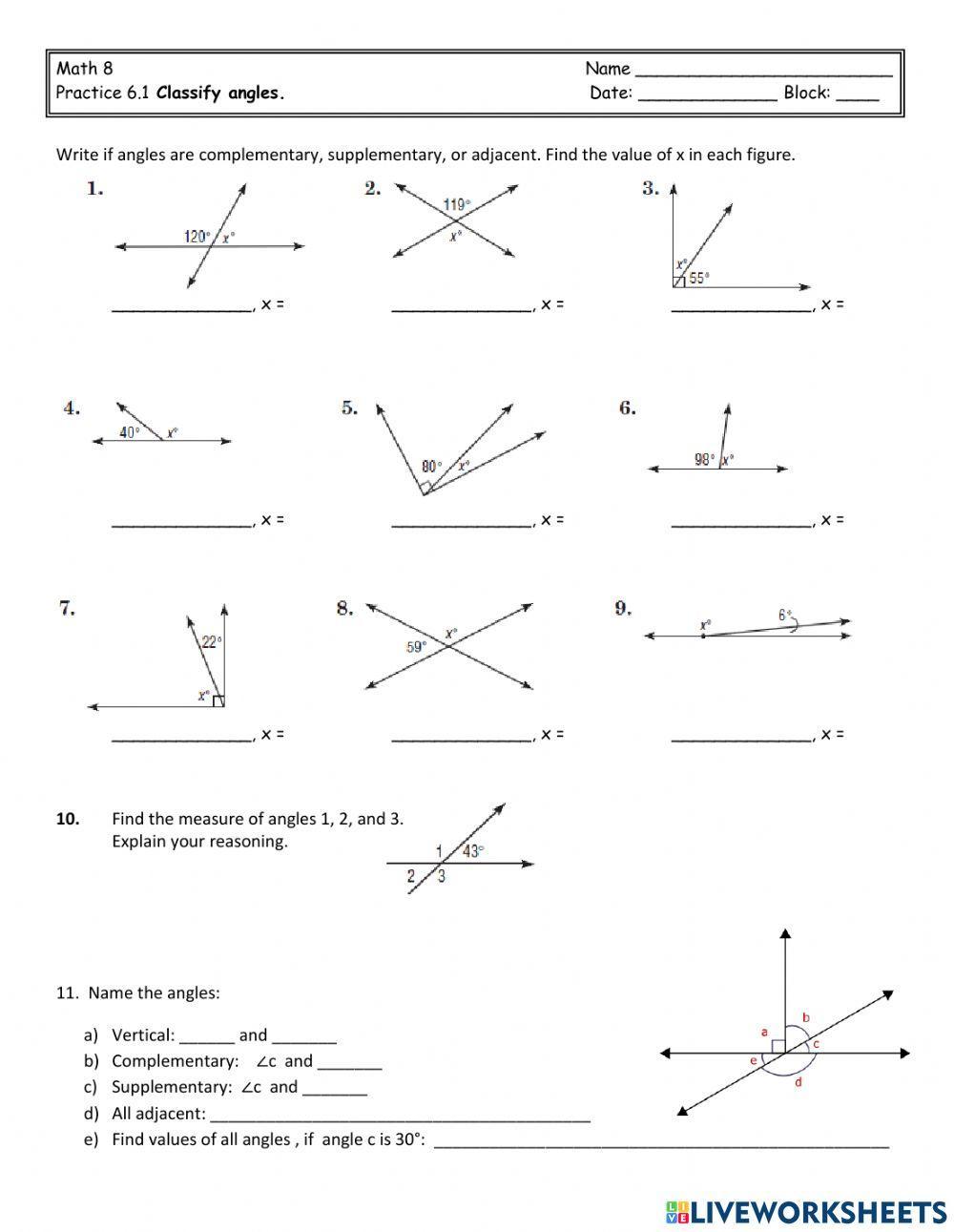 Complementary Supplementary And Vertical Angles Practice Complementary Supplementary And Vertical Angles Practice