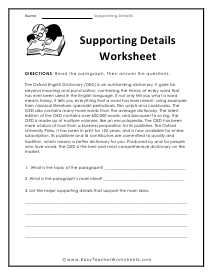 Supporting Details Worksheets