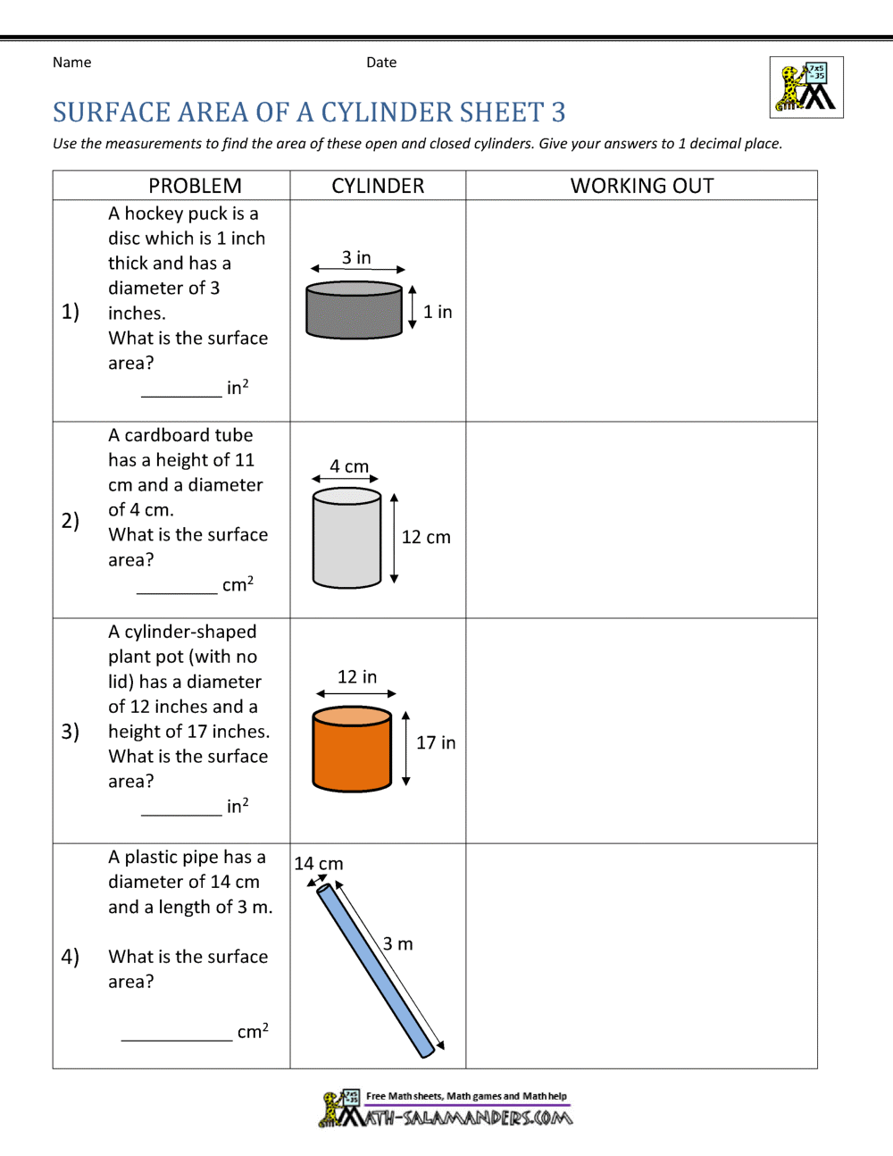 surface area and volume of a cylinder worksheet