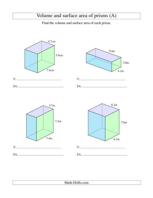 surface area and volume of rectangular prisms worksheet