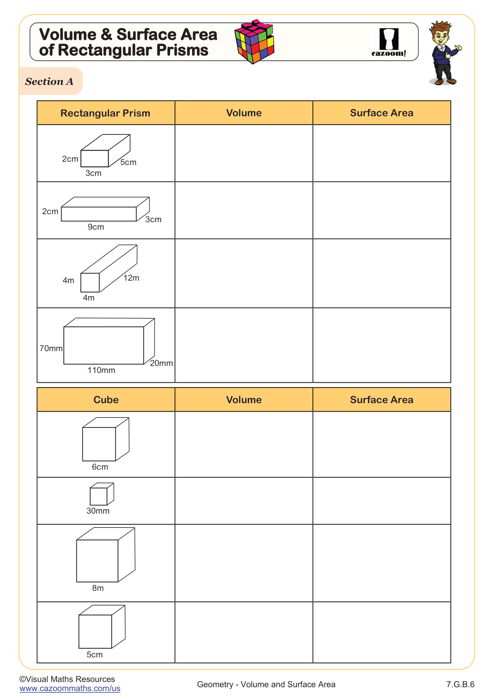 Volume and Surface Area of Rectangular Prisms Worksheet | 7th ...