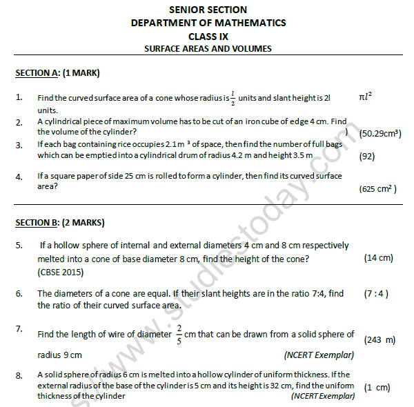 surface area and volume worksheet pdf