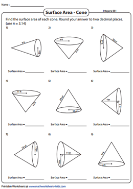 Surface Area of Cones Worksheets