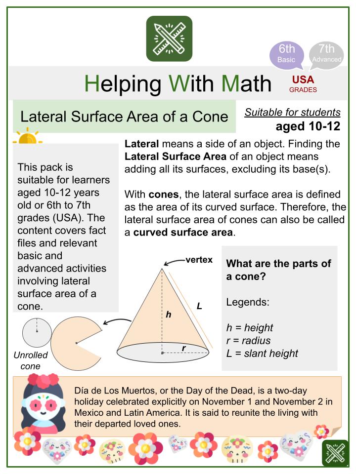 Lateral Surface Area of a Cone Day of the Dead Themed Math Worksheets