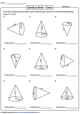 Surface Area of Cones Worksheets