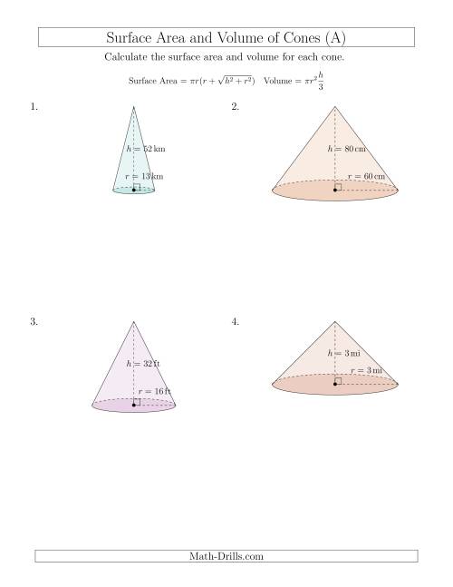 Volume and Surface Area of Cones (Whole Numbers) (A)