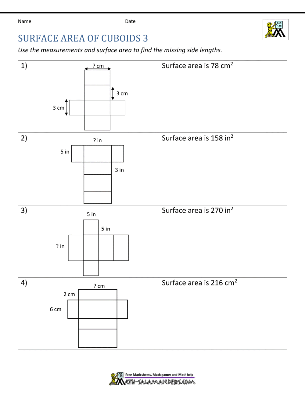 Free surface area from nets worksheet, Download Free surface area from