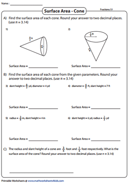 surface area of a cone worksheet