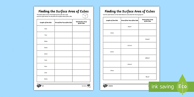 surface area of a cube worksheet