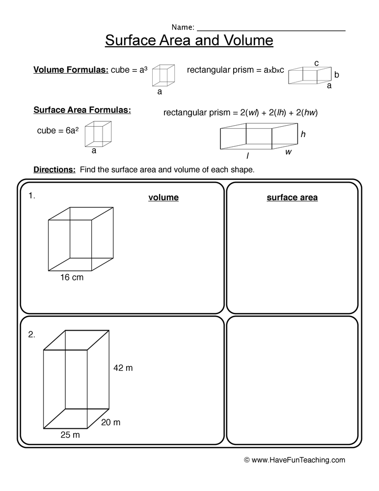 Volume, Surface Area Rectangular Prisms Worksheet  
