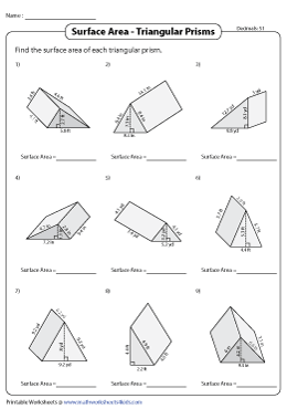 Surface Area of Triangular Prisms Worksheets