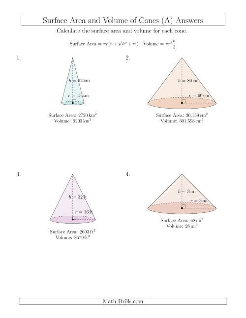 Volume and Surface Area of Cones (Whole Numbers) (A)