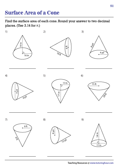 surface area of cone worksheet