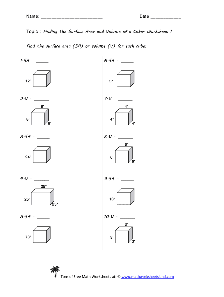surface area of cube worksheet