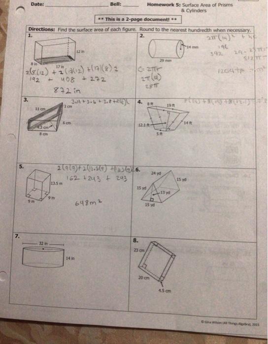 surface area of cylinders and prisms worksheet