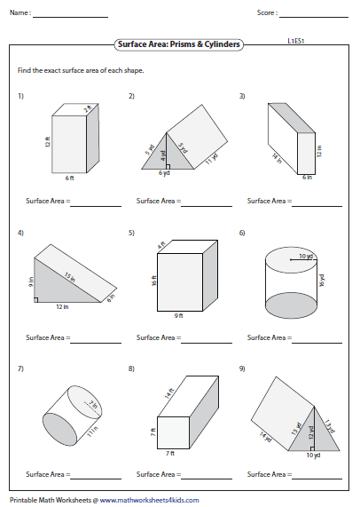surface area of prism and cylinder worksheet