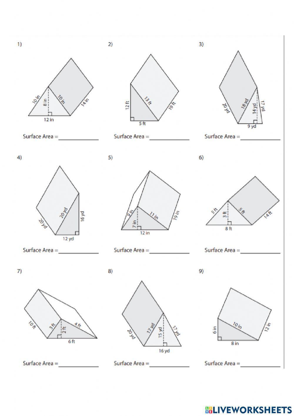 surface area of prism worksheet