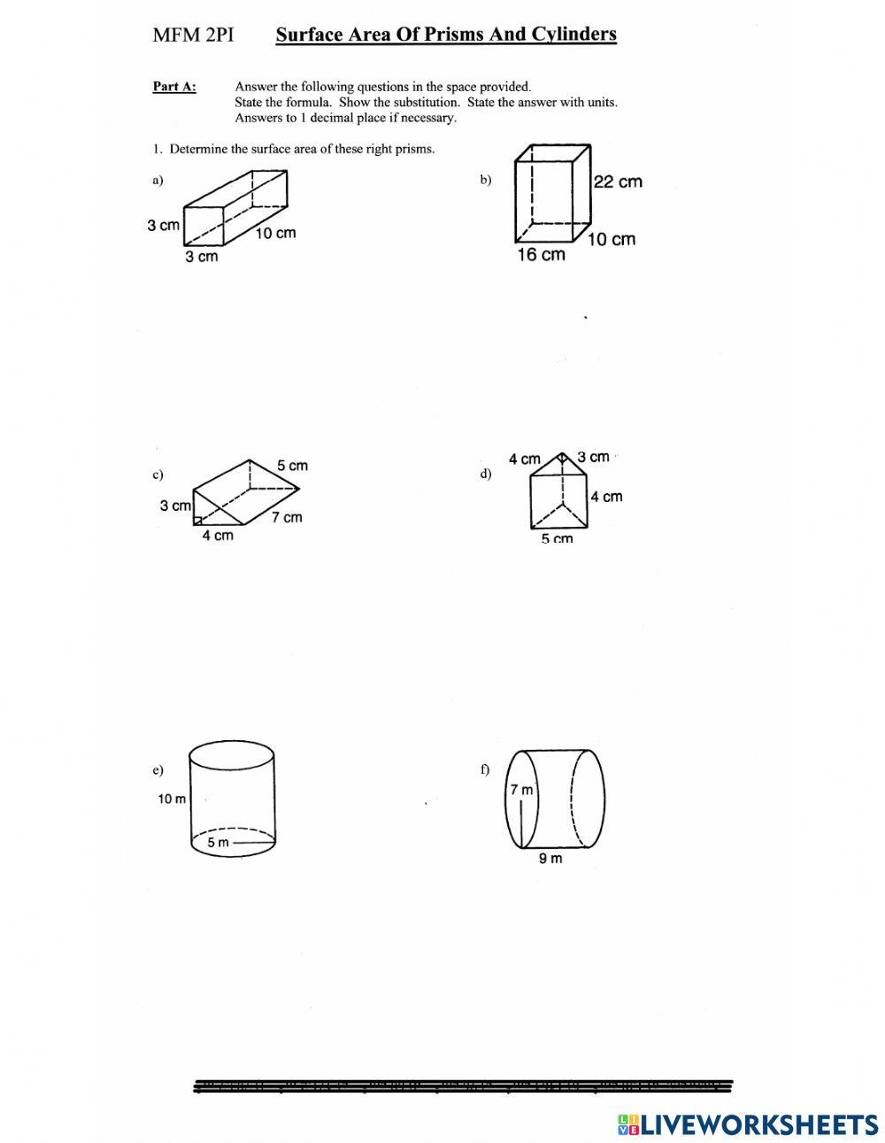 Surface Area of Prisms and Cylinders worksheet  