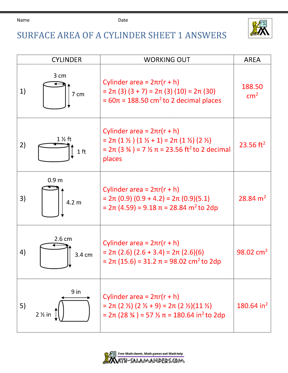 surface area of prisms and cylinders worksheet