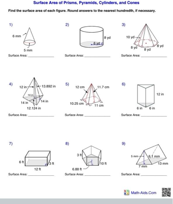 Free surface area of prisms and pyramids worksheet answers, Download
