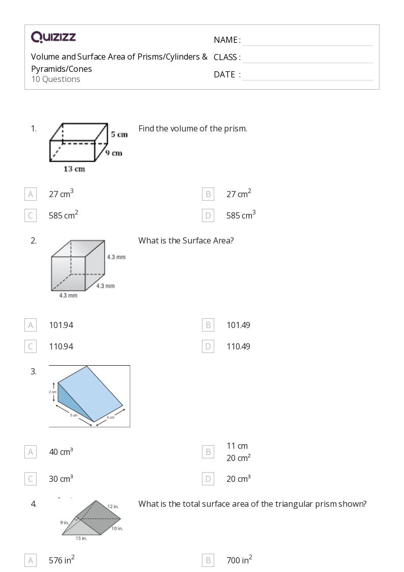 50+ volume and surface area of prisms worksheets for 12th Grade on