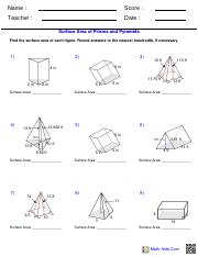 surface area of prisms and pyramids worksheet answers