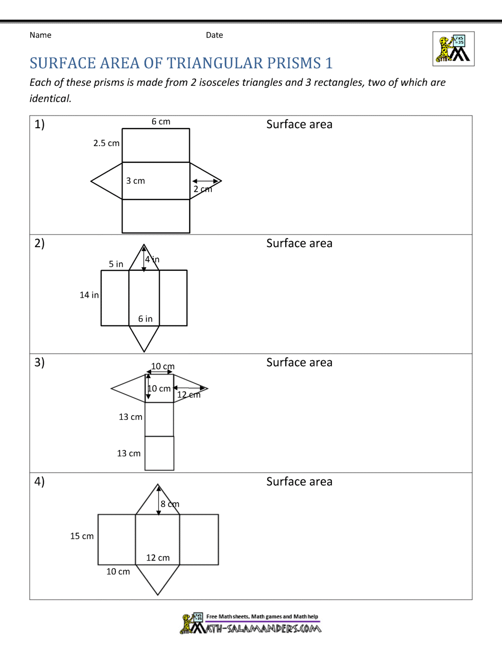 surface area of prisms worksheet