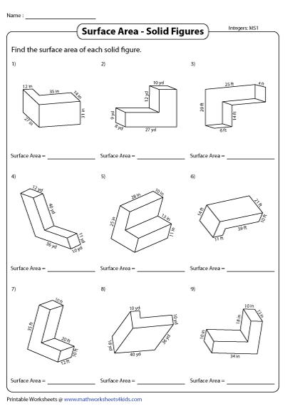 Surface Area of Non-Overlapping Rectangular Prisms Worksheets