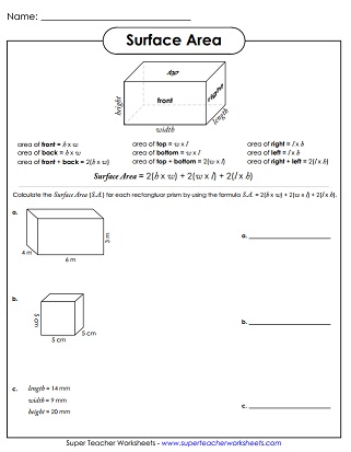 surface area of rectangular prism worksheet