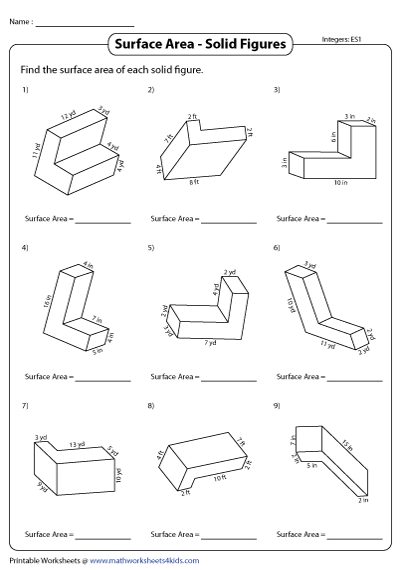 Surface Area of Non-Overlapping Rectangular Prisms Worksheets