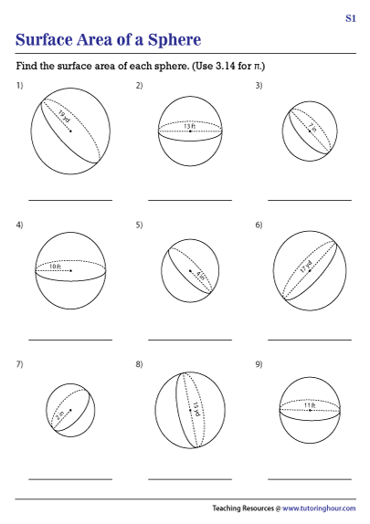 surface area of spheres worksheet