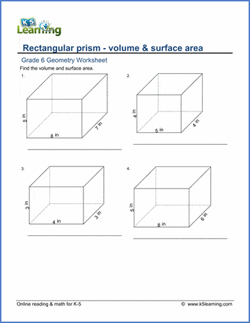 Grade 6 Worksheets: Volume &  surface area of rectangular prisms ...
