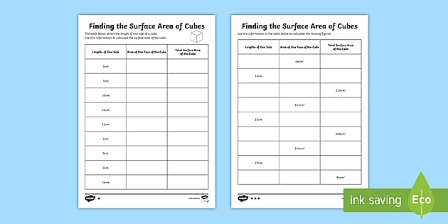 Finding the Surface Area of Cubes Worksheets (teacher made)