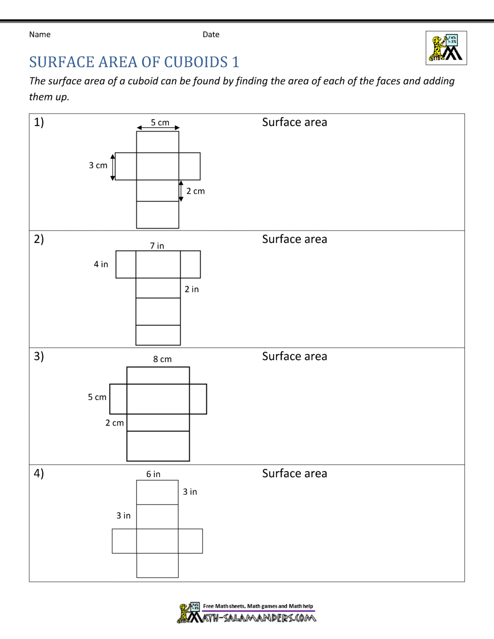Surface Area Worksheet 6th Grade Worksheets Library