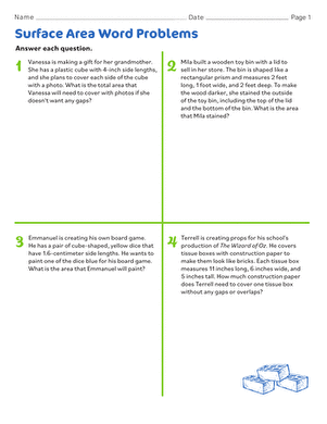 surface area word problems worksheet with answers