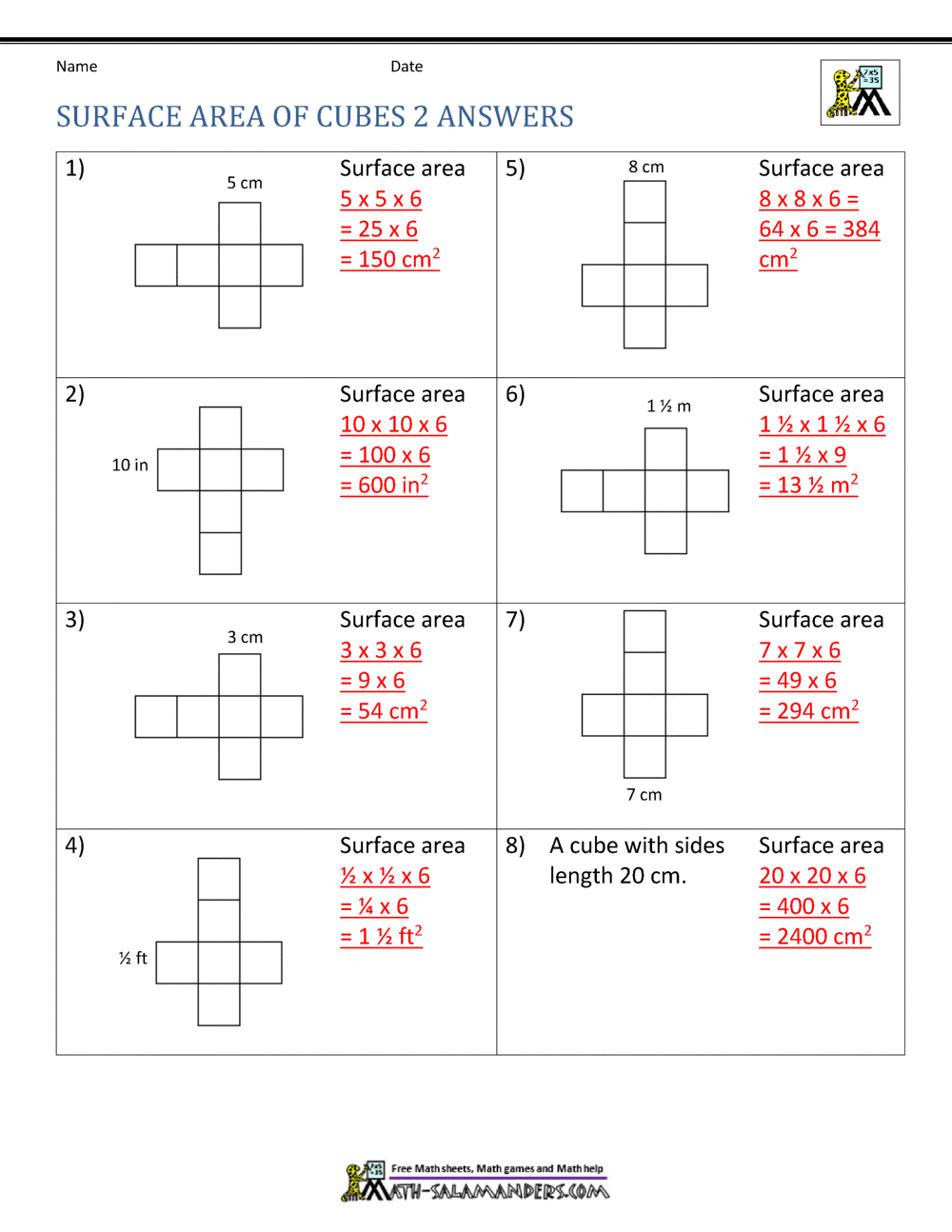 surface area worksheet with answers