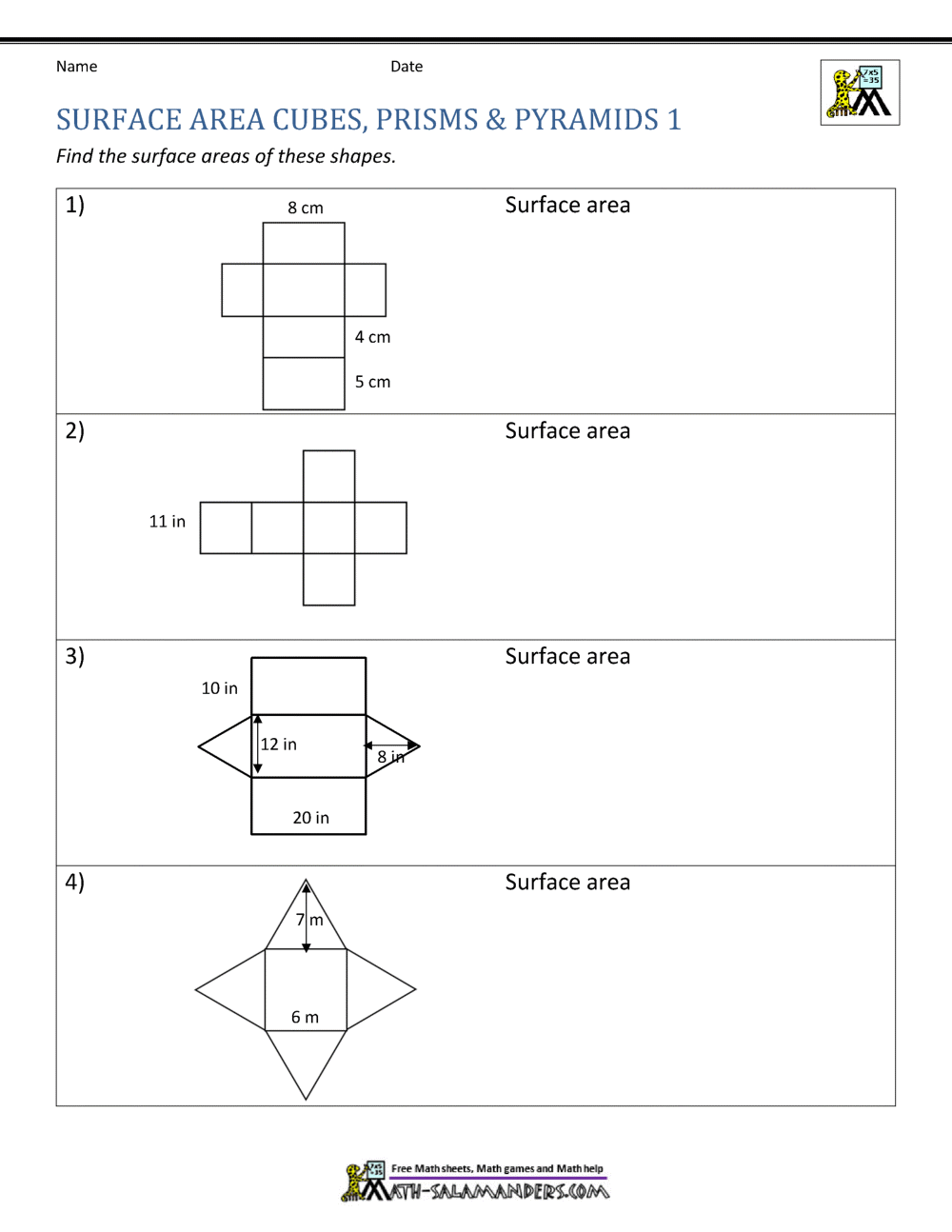 surface area worksheet with nets