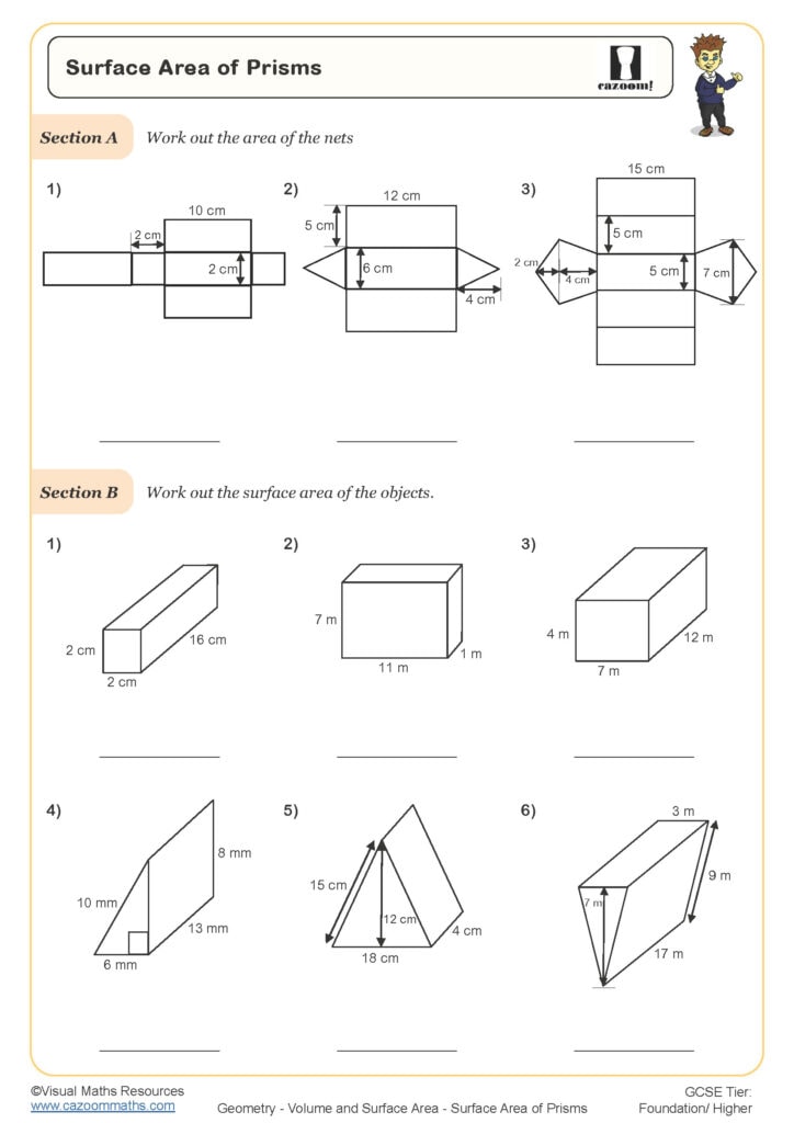Surface Area of Prisms Worksheet | Printable Maths Worksheets