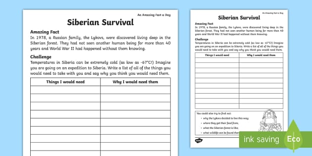 Siberian Survival Worksheet / Worksheet (teacher made)